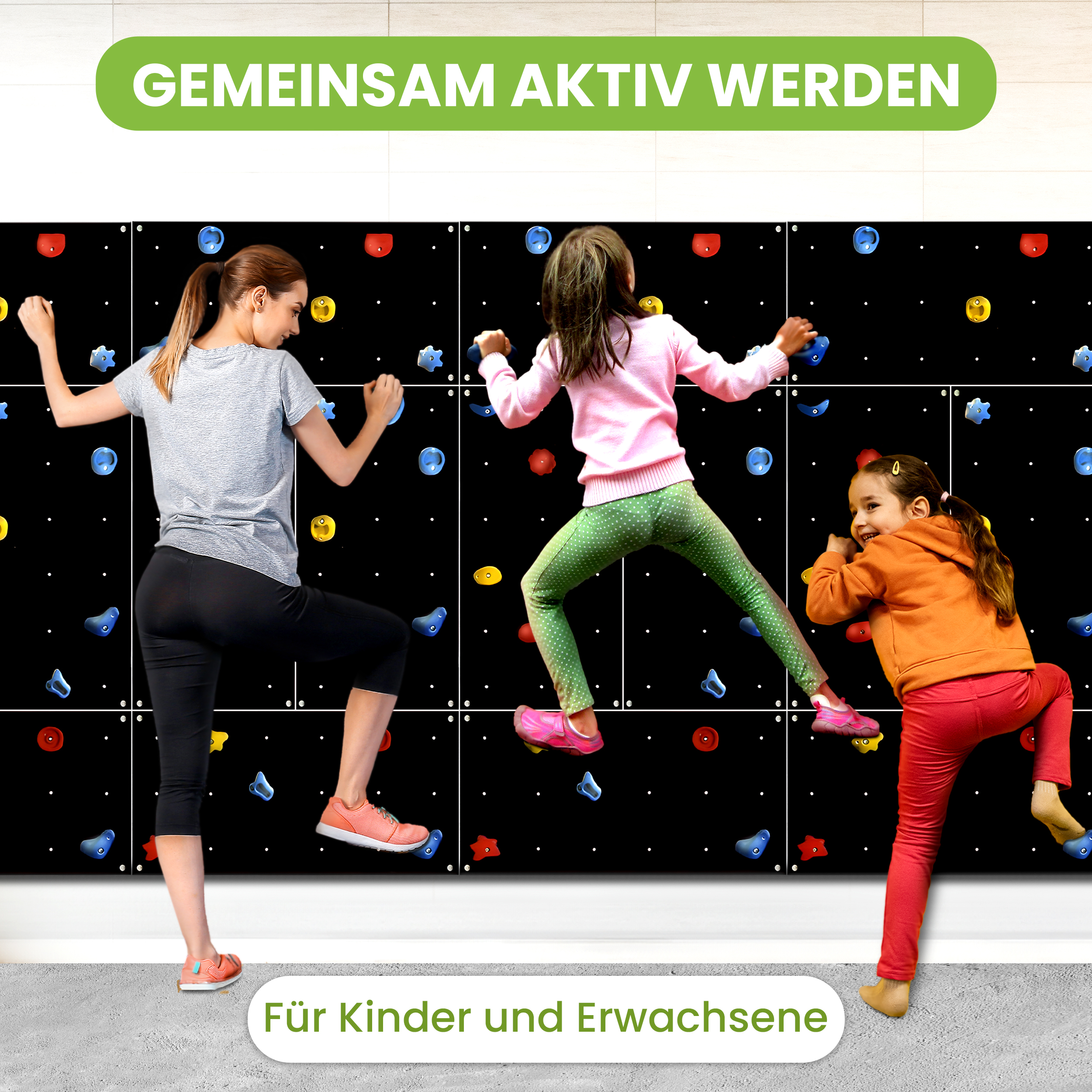 Kletterwand Outdoor mit bunten Klettersteinen und Montagematerial für Kinder und Erwachsene
