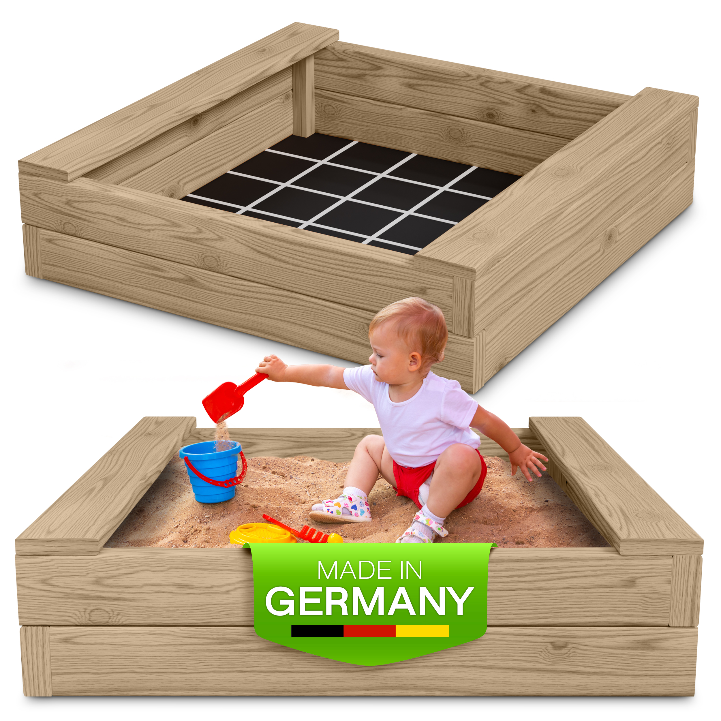 Sandkasten BULLE Lärche natur 45 mm inkl. Sitzbretter und Bodenplane Sandbox