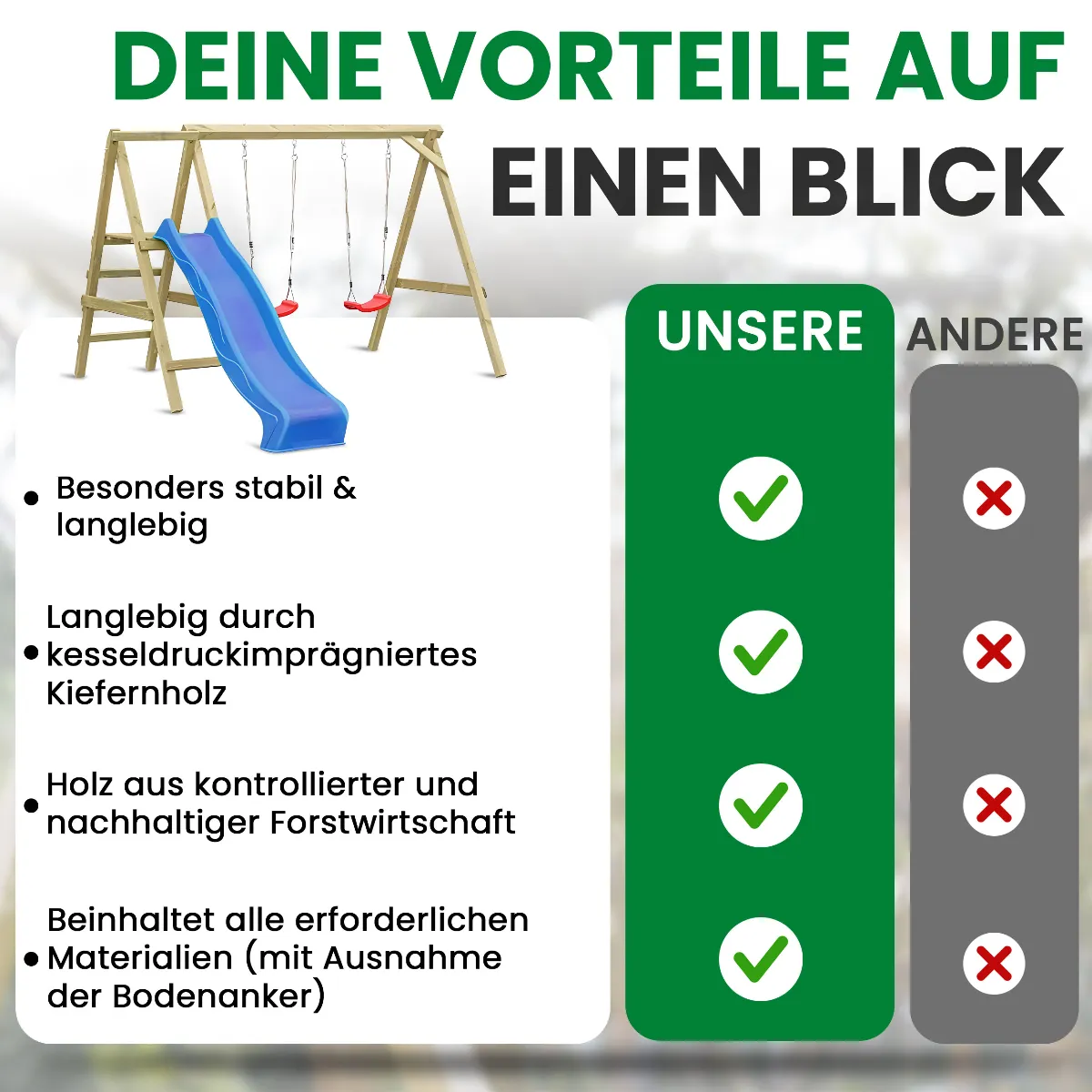 Doppelschaukel Luna Kiefer imprägniert mit blauer Rutsche