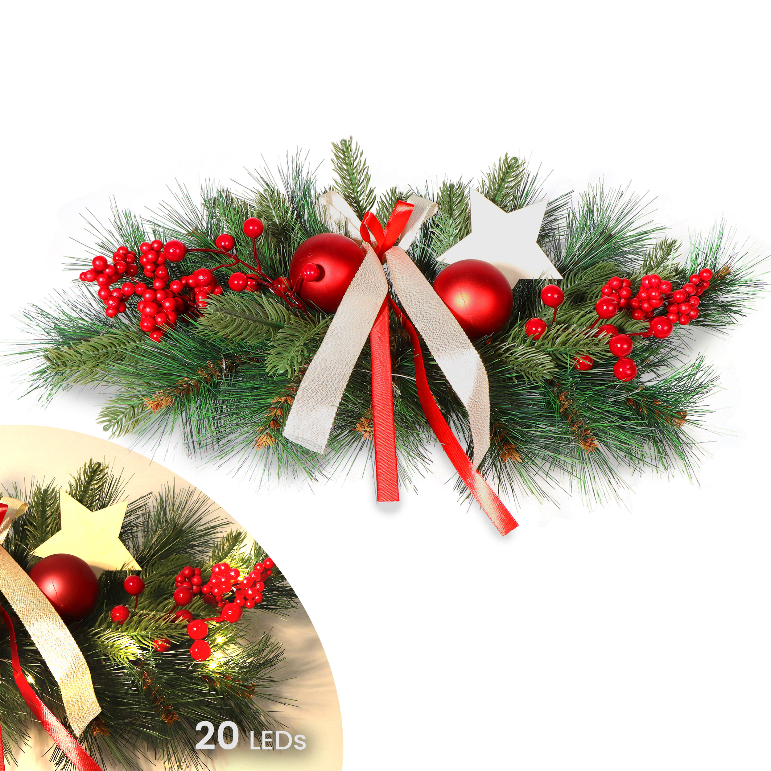 Adventsgesteck mit LED und roten Dekorationen 30x 57 cm 