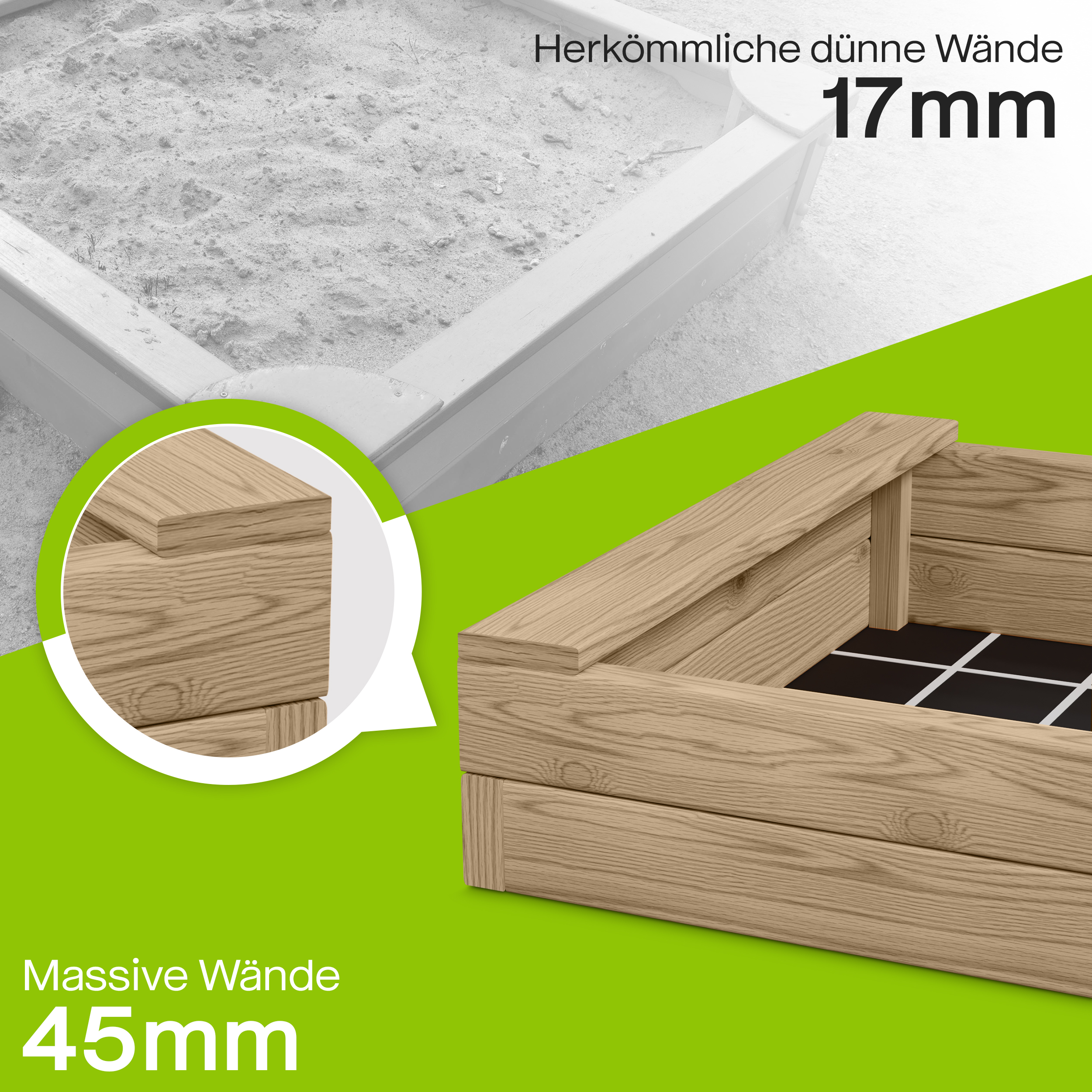 Sandkasten BULLE Lärche natur 45 mm inkl. Sitzbretter und Bodenplane Sandbox