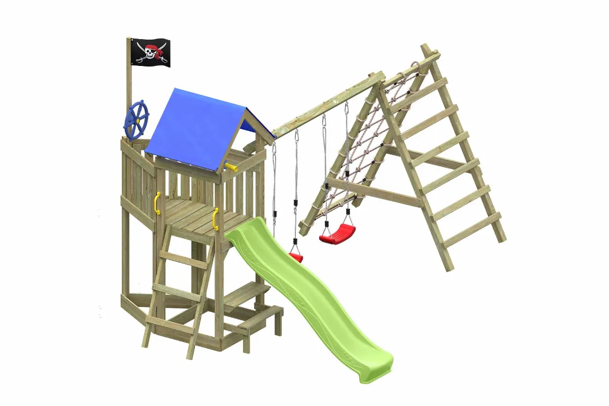 Spielturm Peter Max mit apfelgrüner Rutsche Doppelschaukel und Kletterbereich