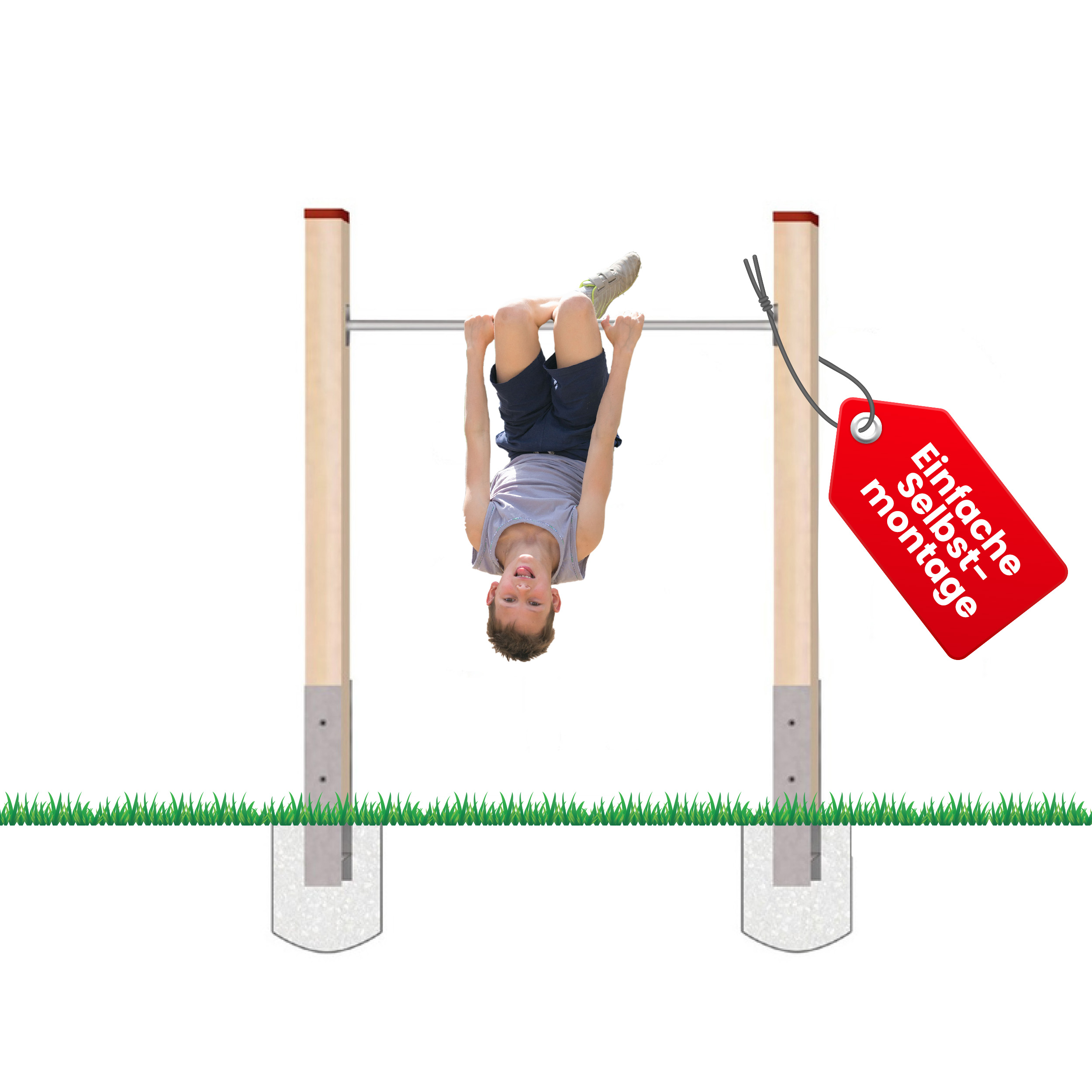 Turnreck aus Kantholz Kiefer imprägniert mit Edelstahl-Reckstange und H-Anker