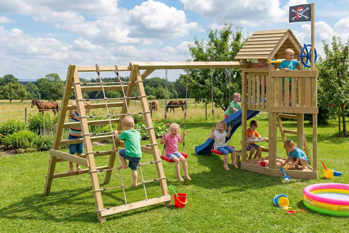 Spielturm Lina Max mit Doppelschaukel Tisch und Kletterbereich