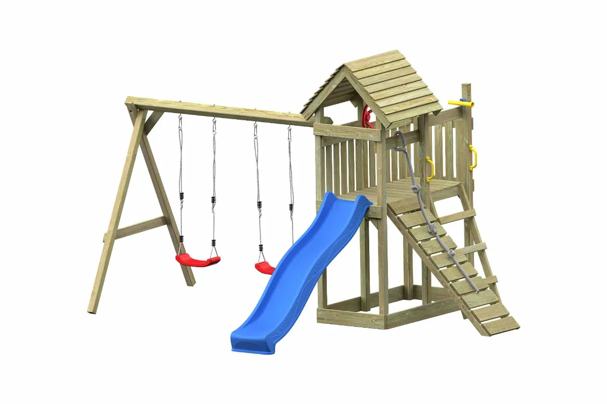 Spielturm Cris Fun mit Kletterrampe blauer Rutsche und Doppelschaukel