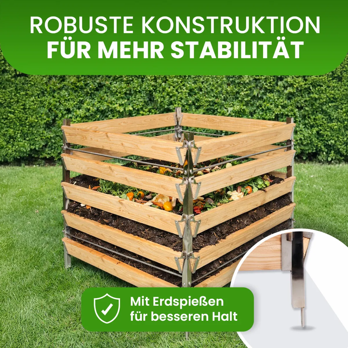 Eleganter Komposter Single 80x80xH80 cm aus Lärche mit Edelstahlpfosten