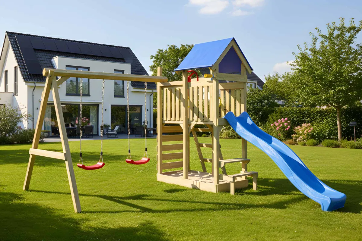 Spielturm Lucia Abenteuer mit Doppelschaukel und Kletterwand