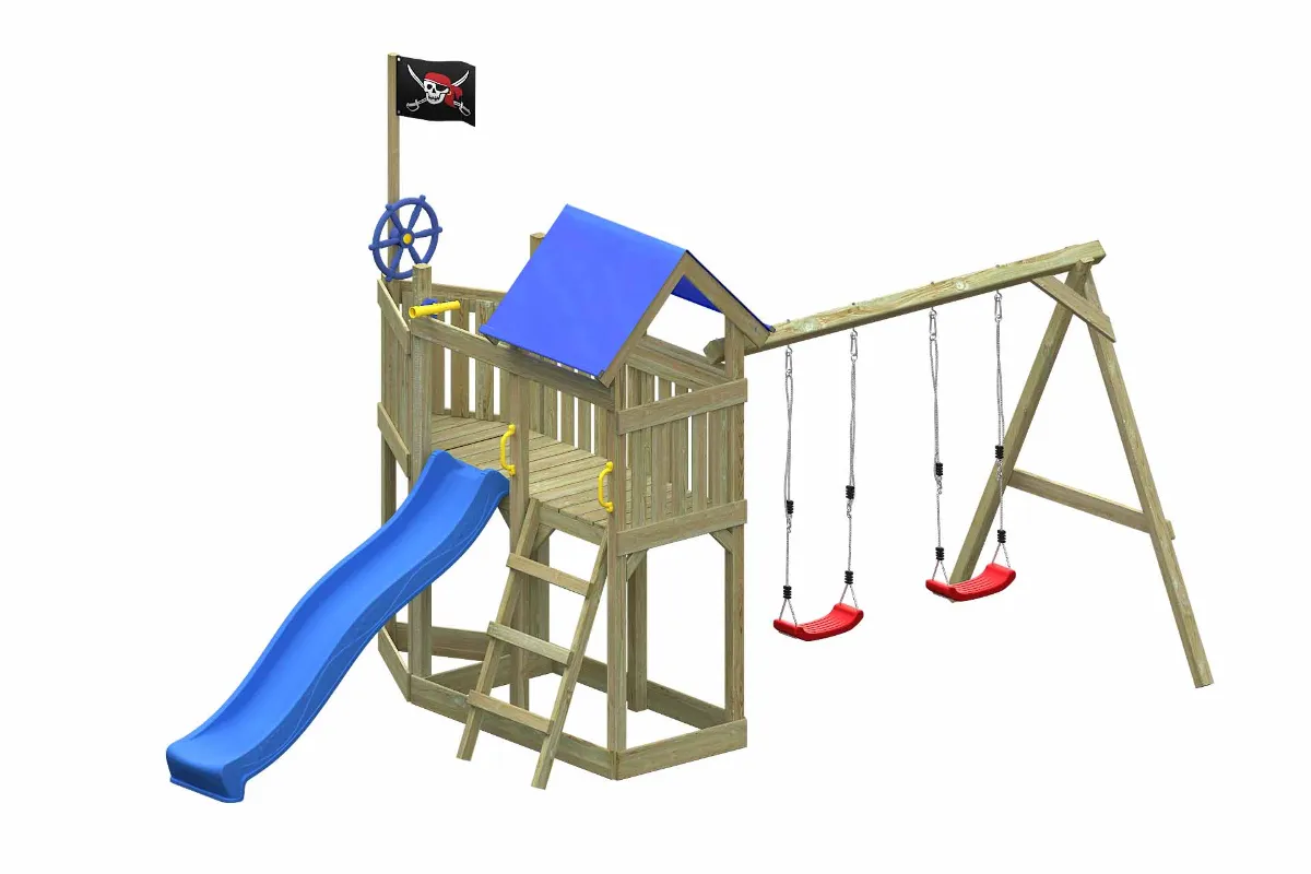 Spielturm Georg Fun mit Doppelschaukel und blauer Rutsche