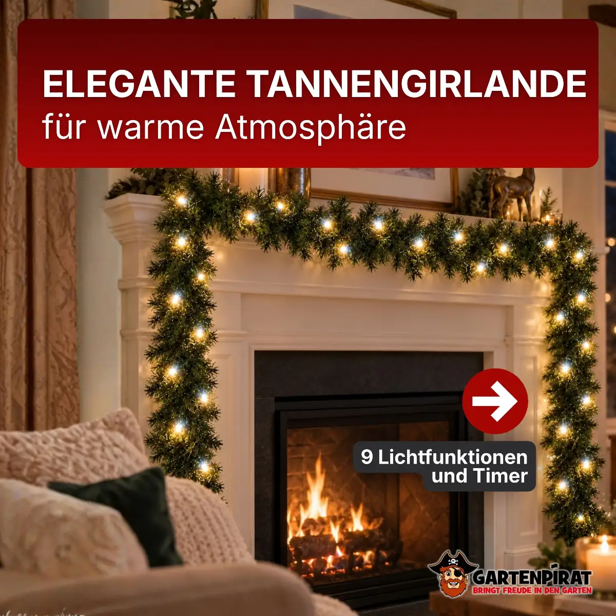 Künstliche Girlande mit 9 Lichtfunktionen, Timer & Memory-Funktion