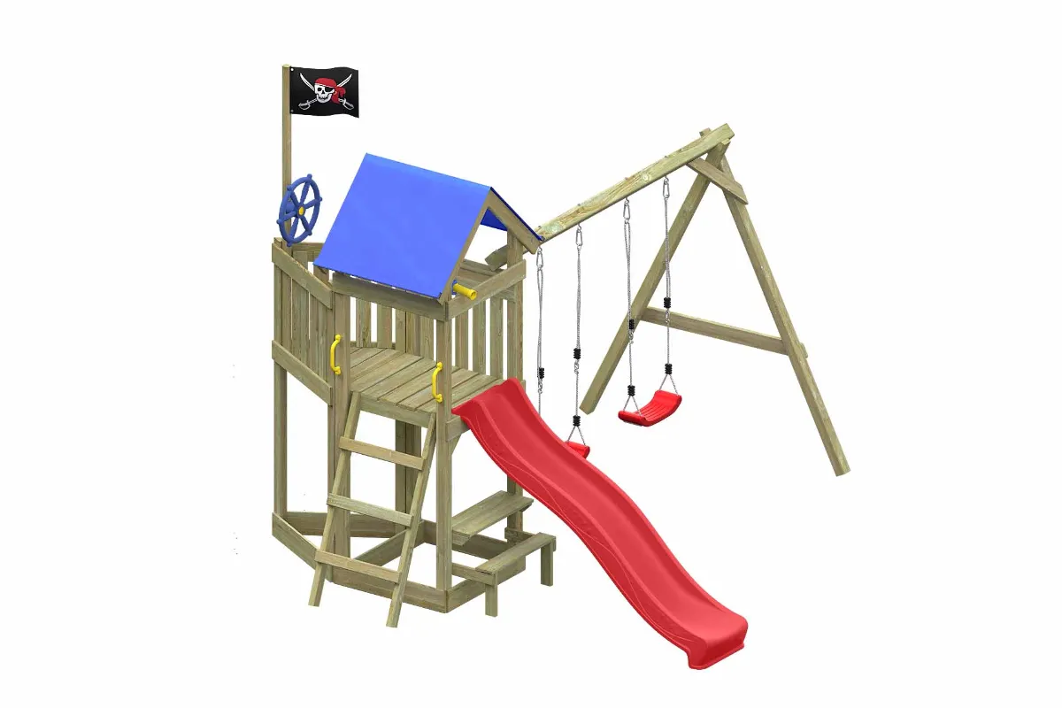 Spielturm Peter Abenteuer mit Doppelschaukel Tisch und roter Rutsche