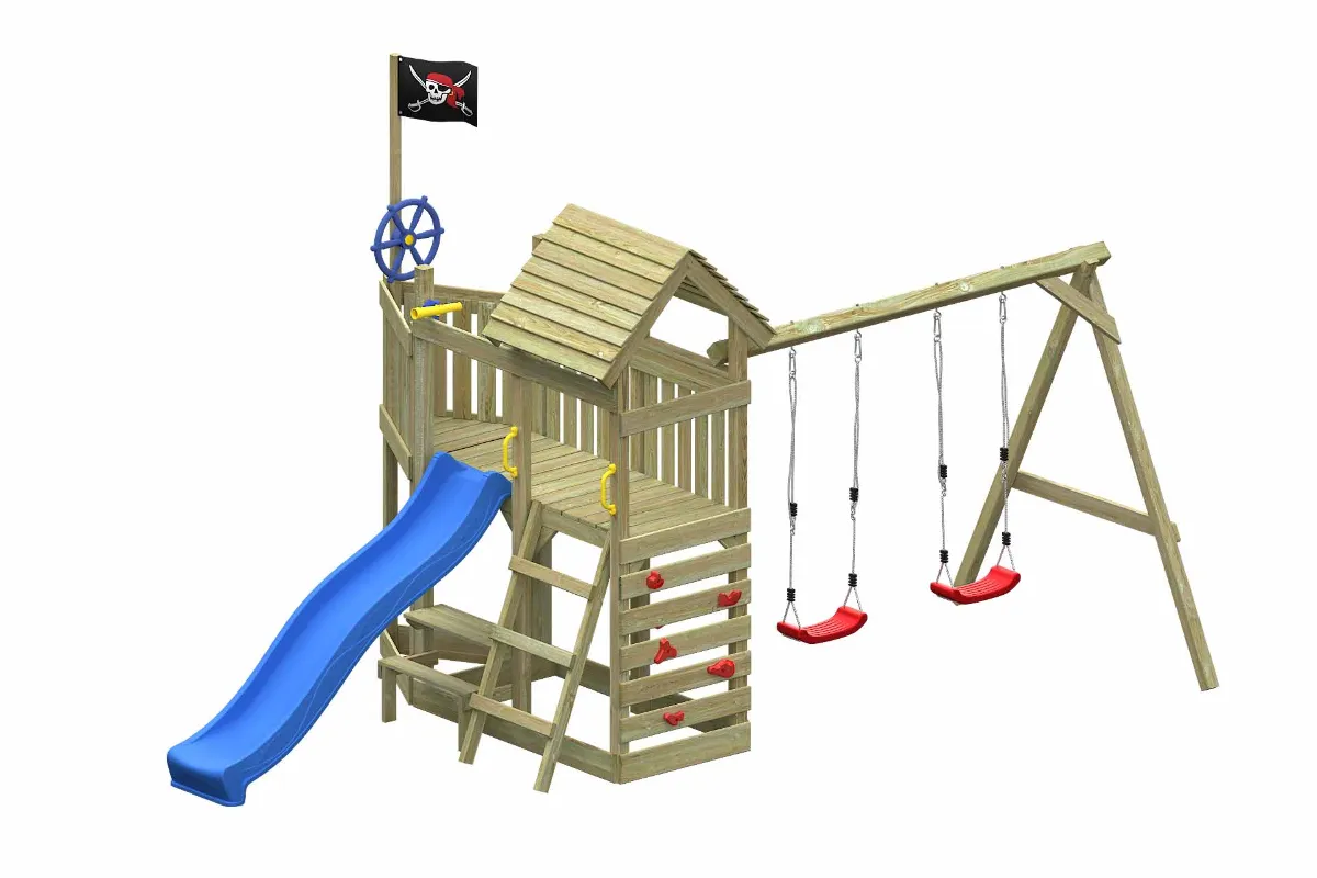 Spielturm Mia Abenteuer mit blauer Rutsche Doppelschaukel und Kletterwand