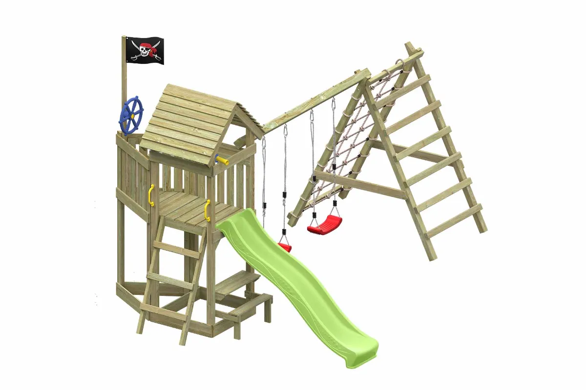 Spielturm Lina Max mit apfelgrüner Rutsche Doppelschaukel Tisch und Kletterbereich