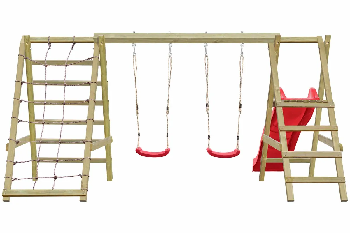 Doppelschaukel Jana mit Kletternetz Sprossenleiter und roter Rutsche