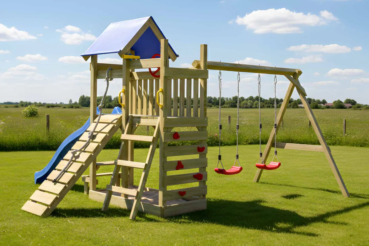 Spielturm Susi Abenteuer mit Kletterrampe Kletterwand und Doppelschaukel