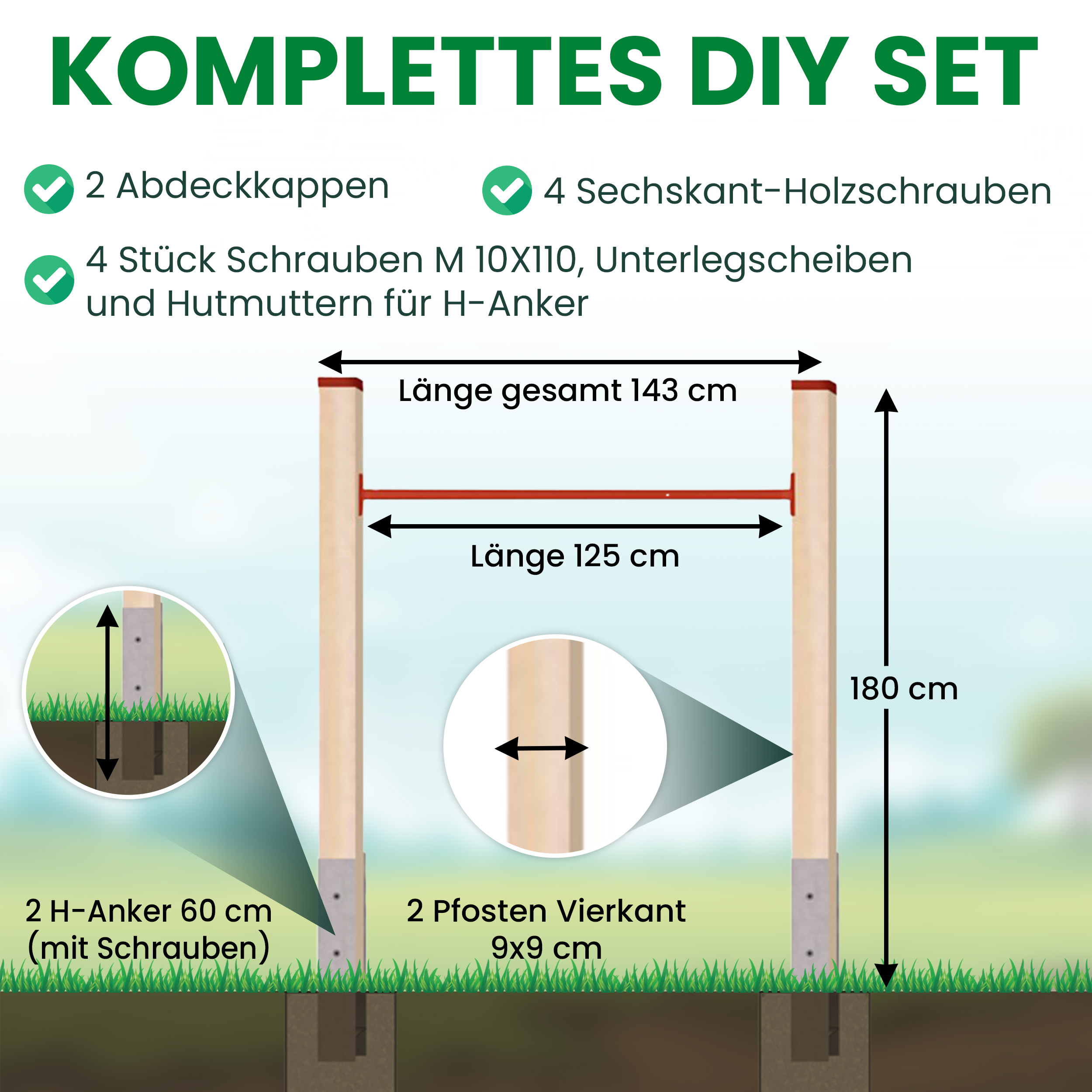 Turnreck aus Kantholz Kiefer imprägniert mit Reckstange rot und  H-Anker