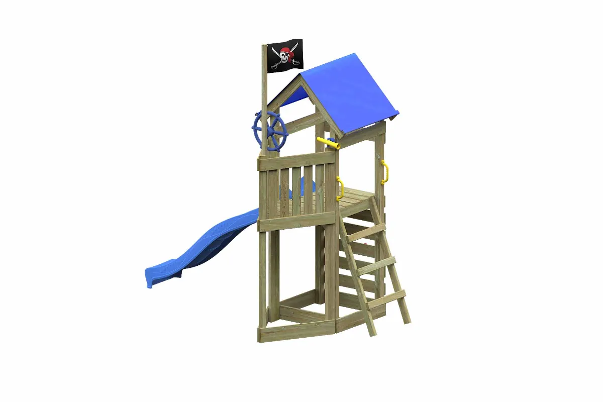 Spielturm Peter Aktiv mit blauer Rutsche und Kletterwand