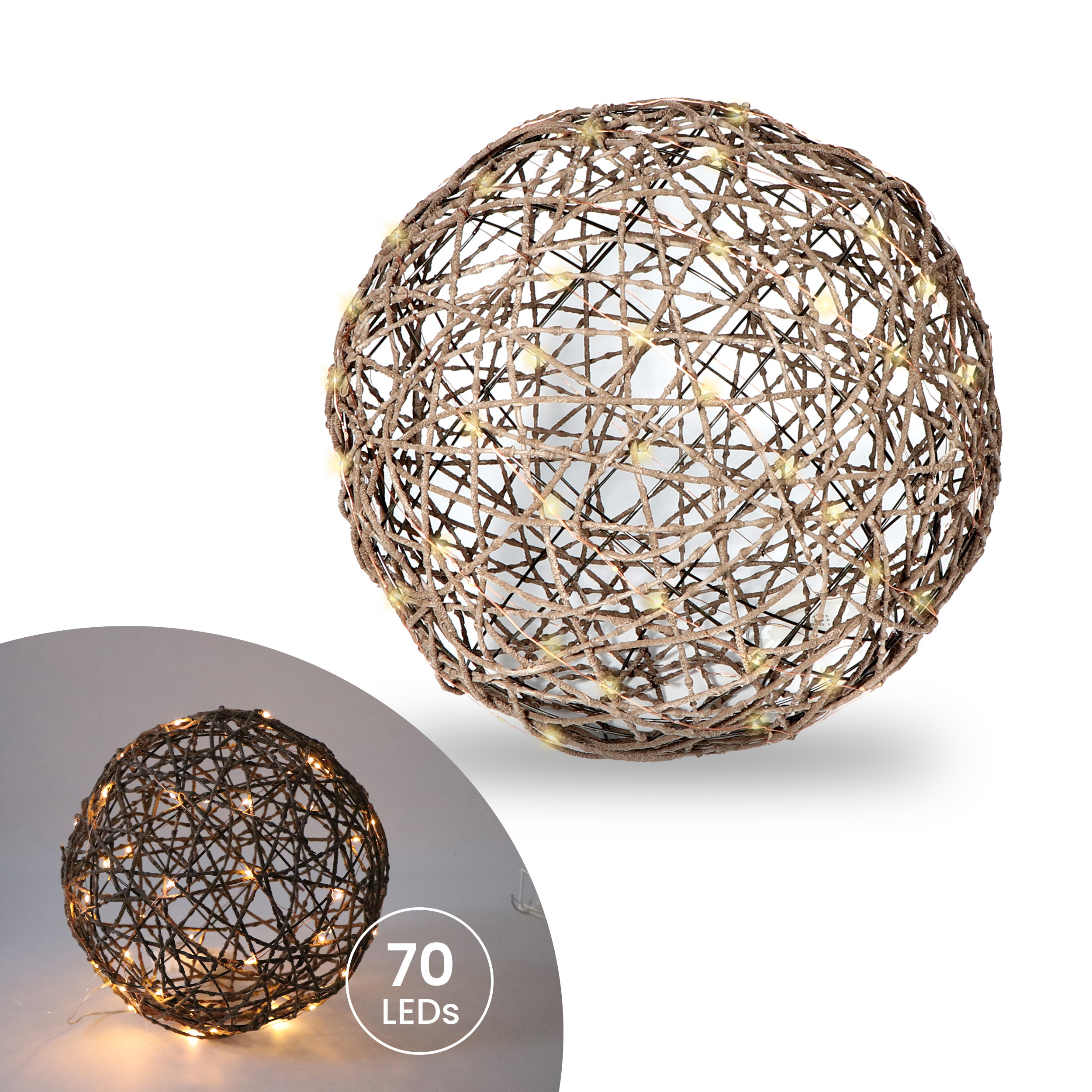 Batterie-Rattankugel aus Kunststoff mit warmweißen LED und Timer-Funktion