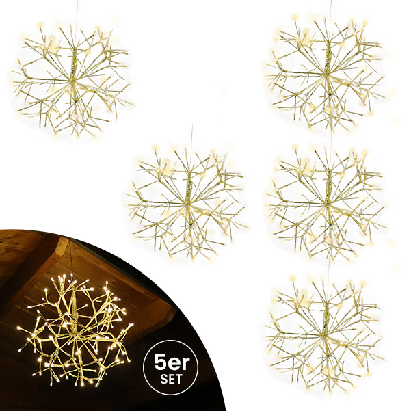 Weihnachtsdekoration Goldstern 35 cm 5er Set mit 120 LED warmweiß Timer-Funktion LED-Weihnachtsstern