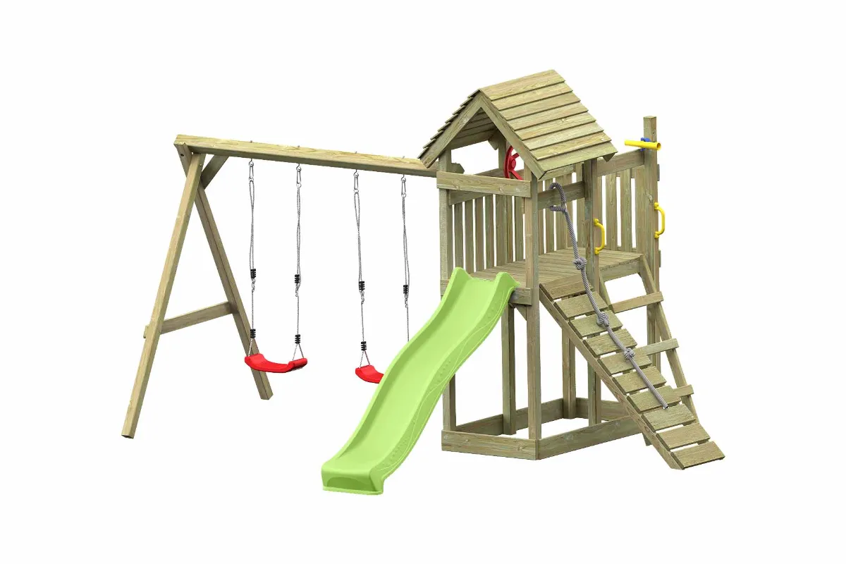 Spielturm Cris Fun mit Kletterrampe apfelgrüner Rutsche und Doppelschaukel