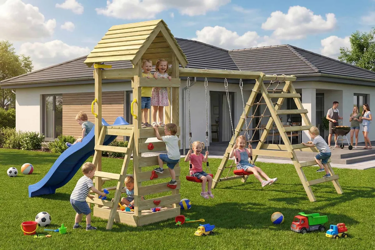 Spielturm Thomas Max mit Doppelschaukel Kletterwand und Kletternetz