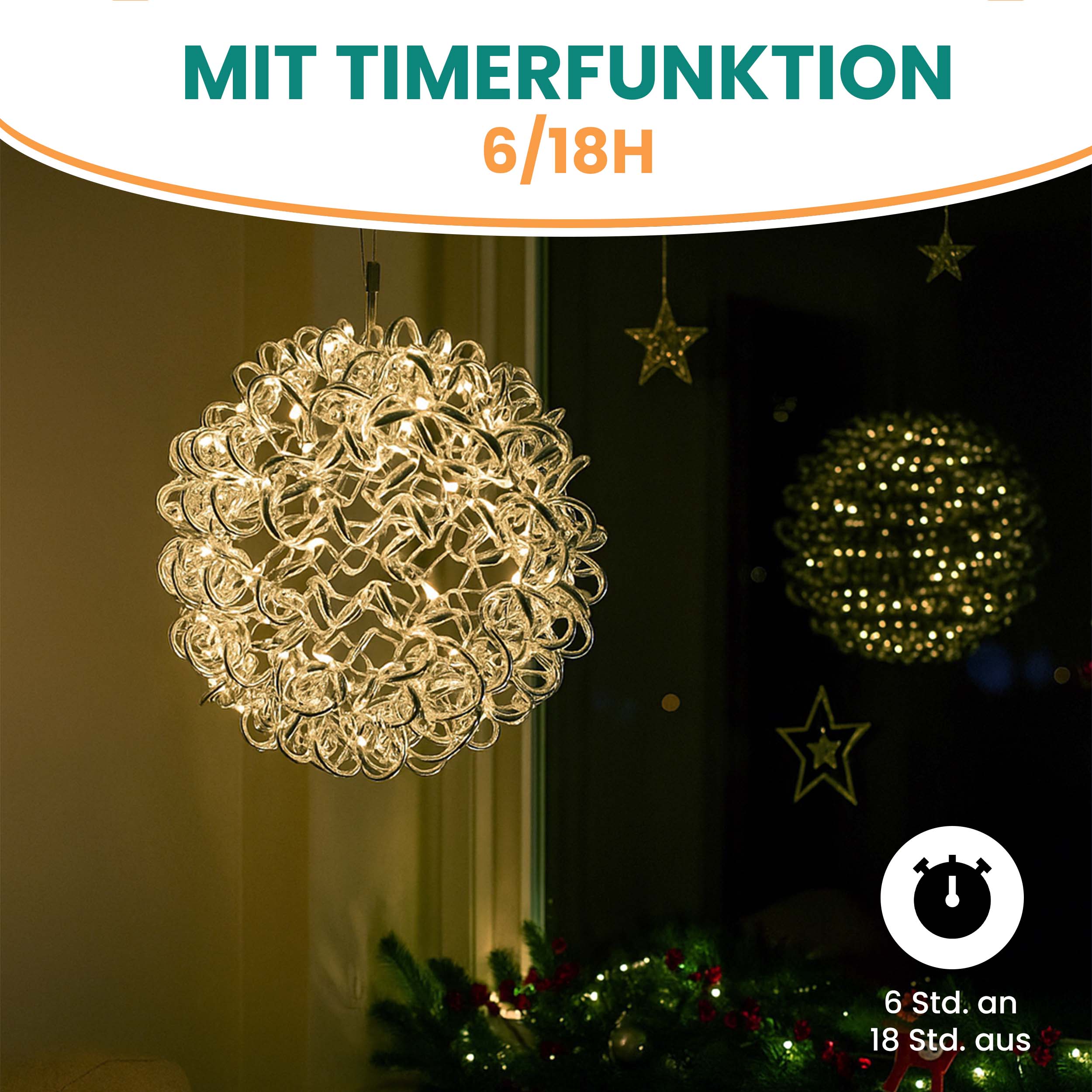 3D Drahtkugel Aluminium Ø 40 cm mit 200 LED warmweiß Timer-Funktion IP44