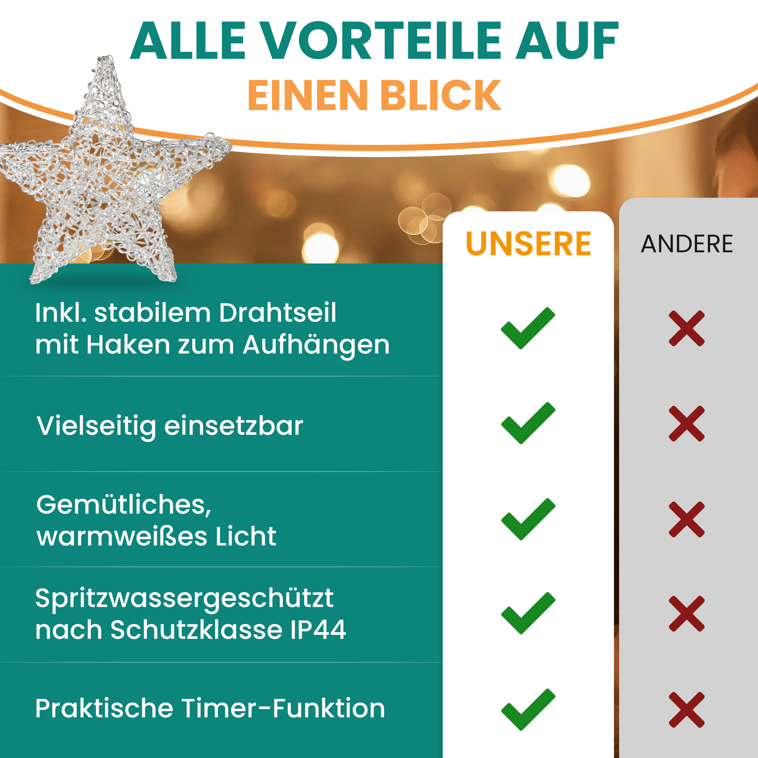 Aluminiumstern XXL Ø 60 cm mit 300 LED warmweiß Timer-Funktion IP44 