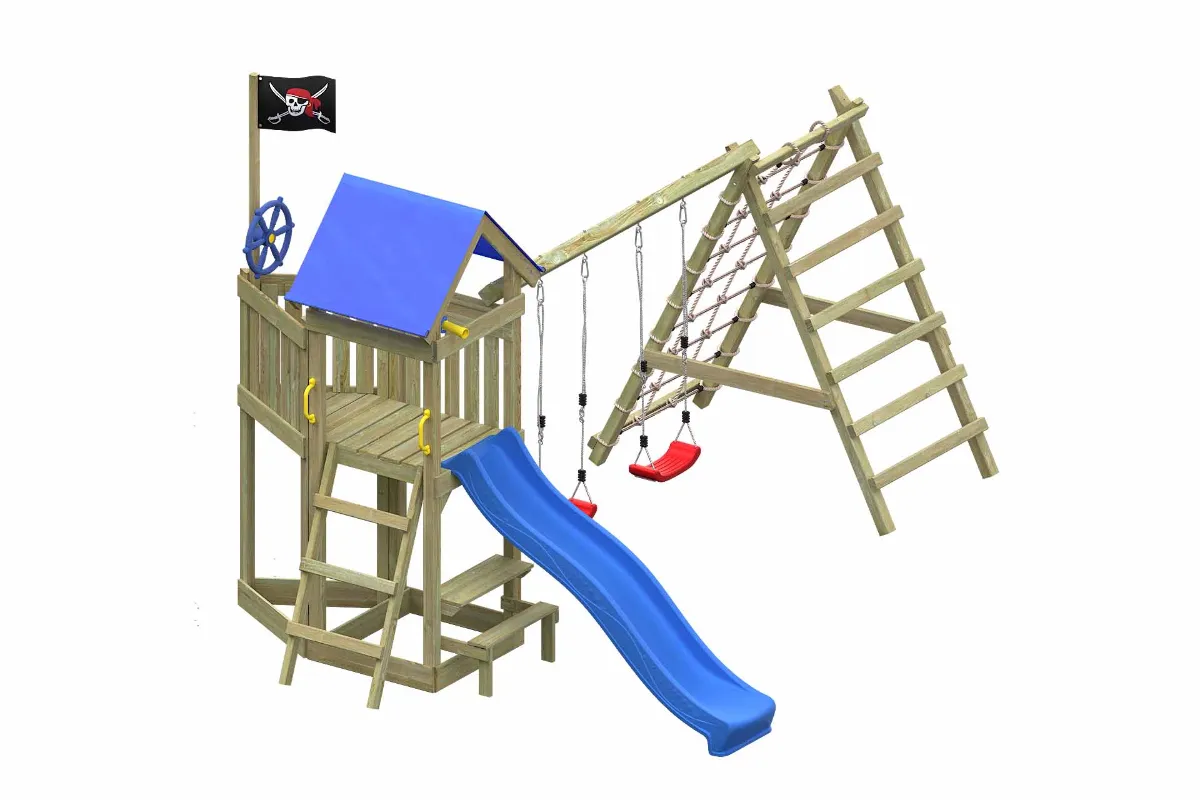 Spielturm Peter Max mit blauer Rutsche Doppelschaukel und Kletterbereich