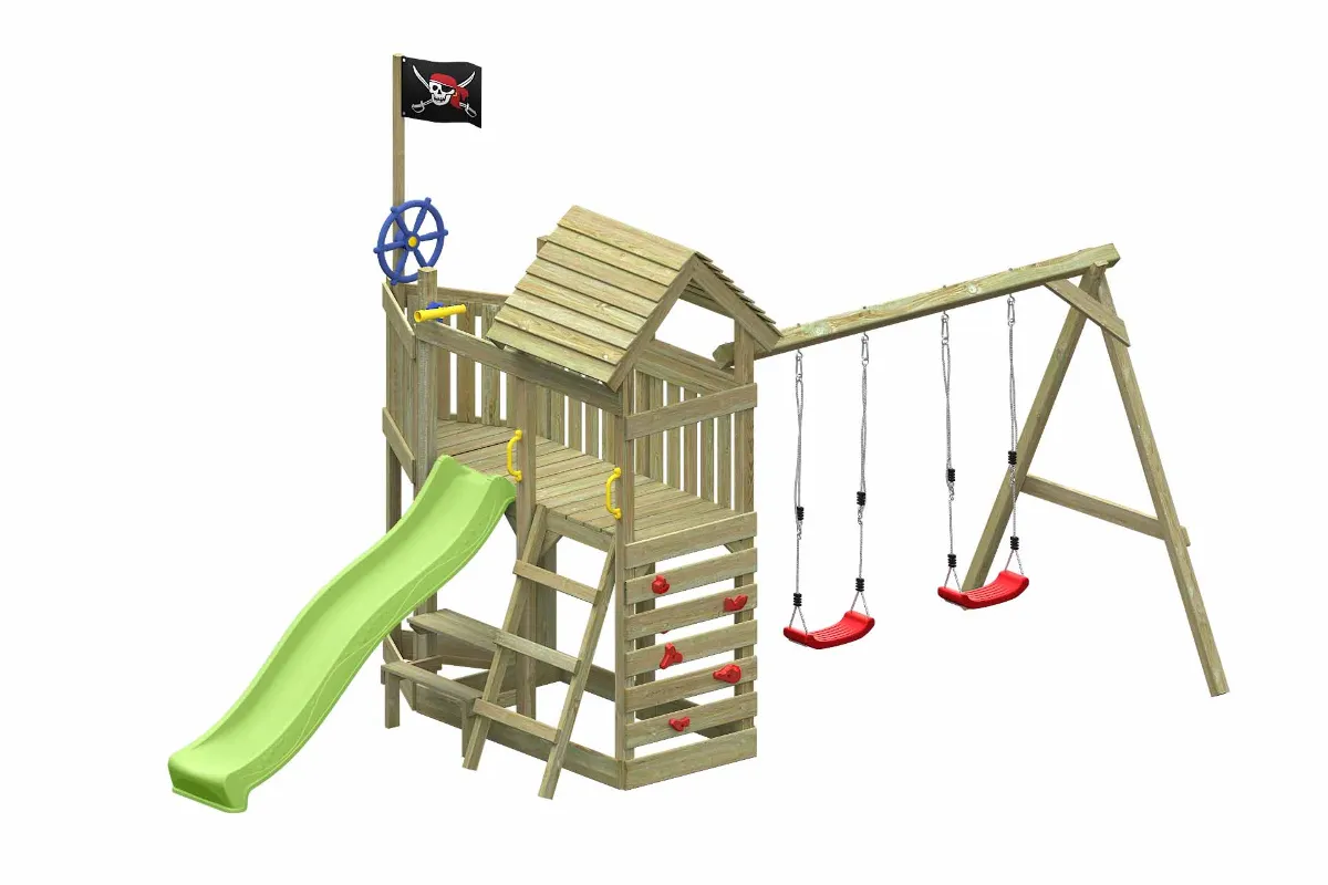 Spielturm Mia Abenteuer mit apfelgrüner Rutsche Doppelschaukel und Kletterwand