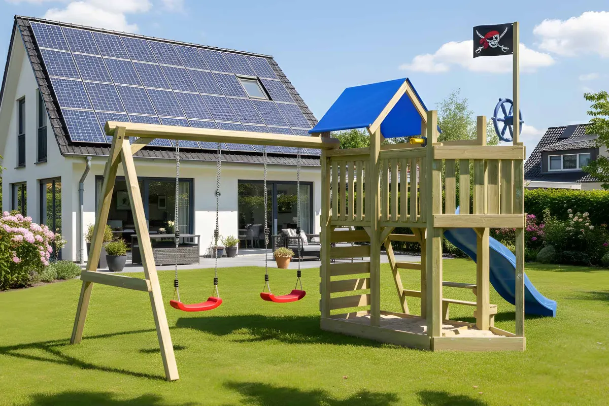 Spielturm Georg Abenteuer mit Doppelschaukel und Kletterwand