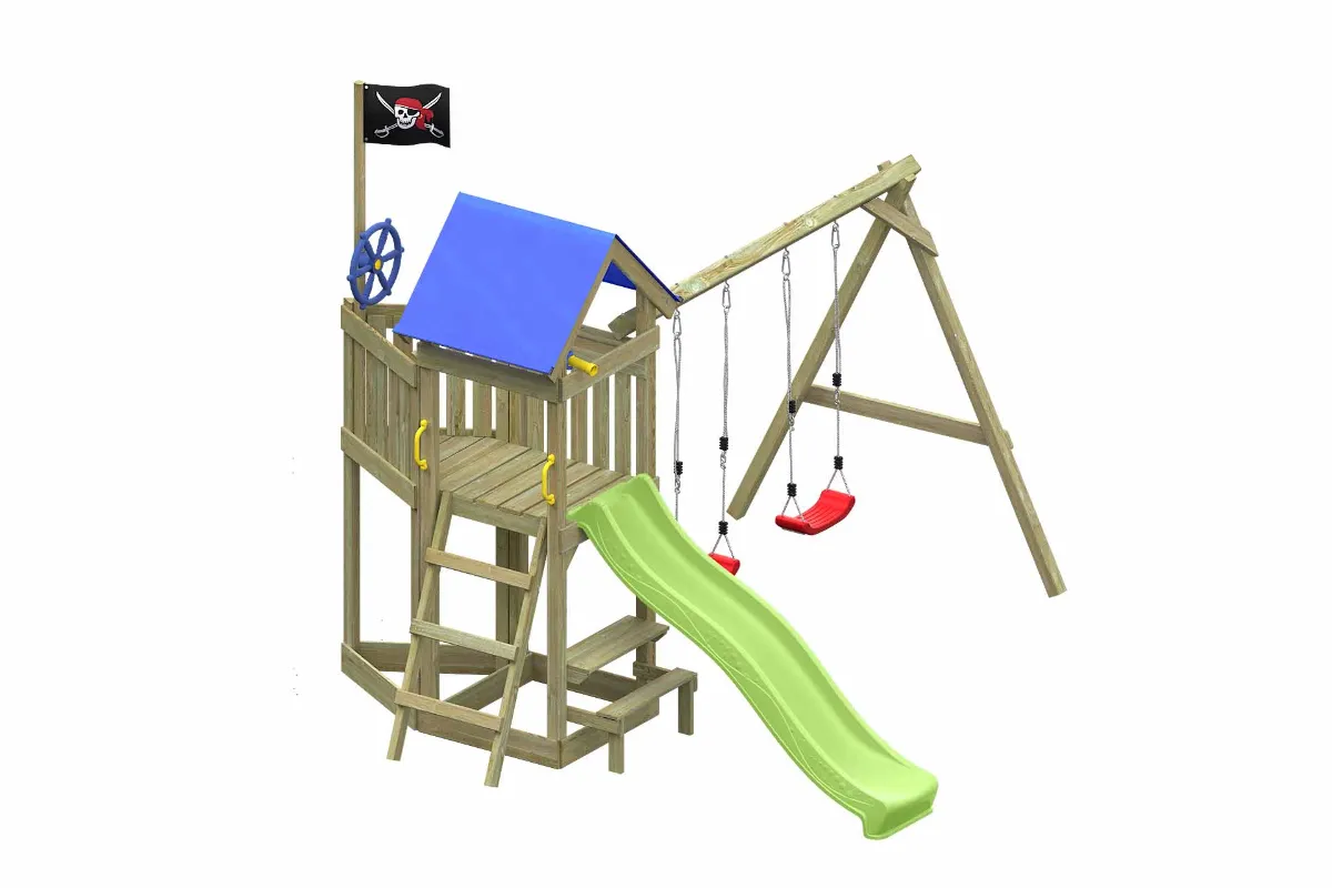 Spielturm Peter Abenteuer mit Doppelschaukel Tisch und apfelgrüner Rutsche
