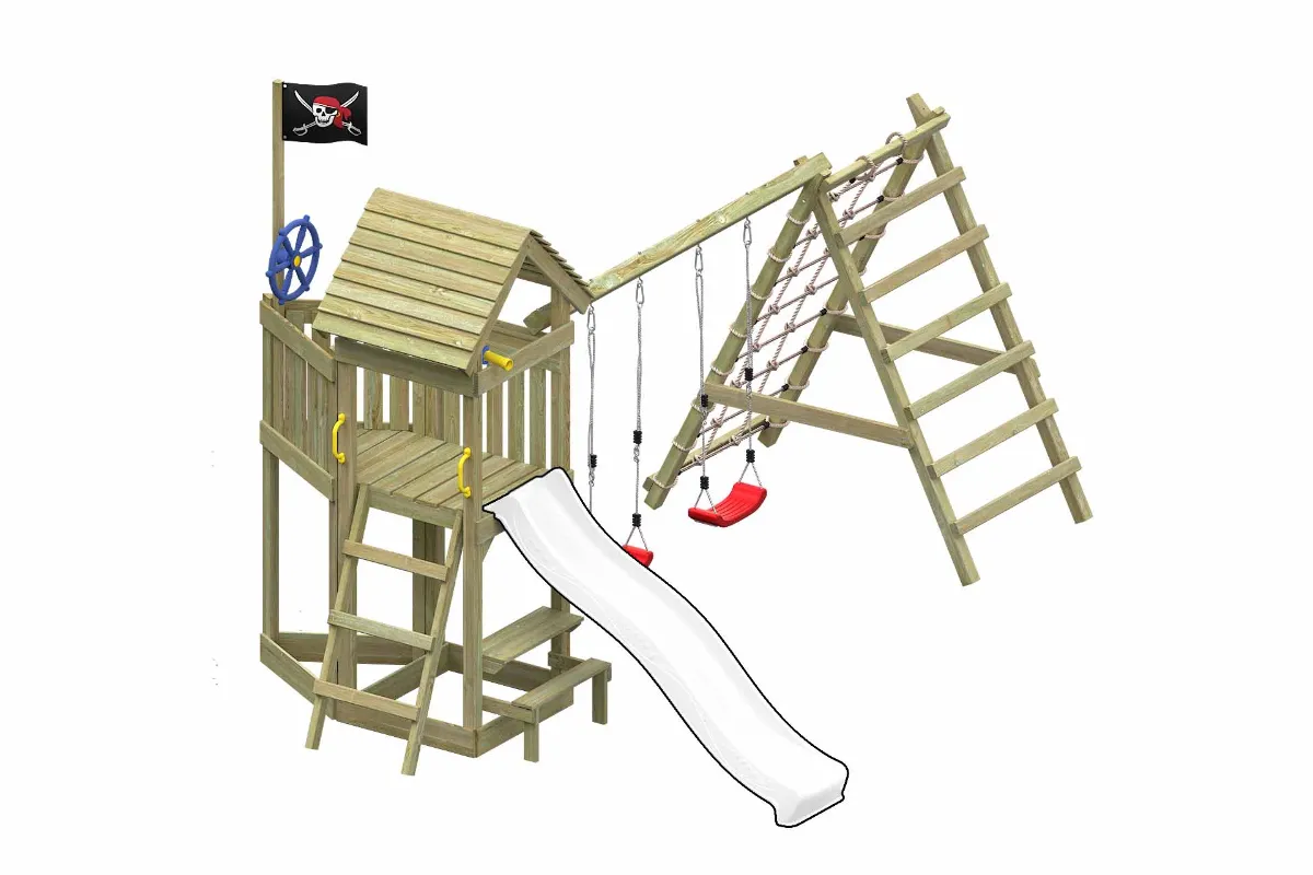 Spielturm Lina Max mit Doppelschaukel Tisch und Kletterbereich