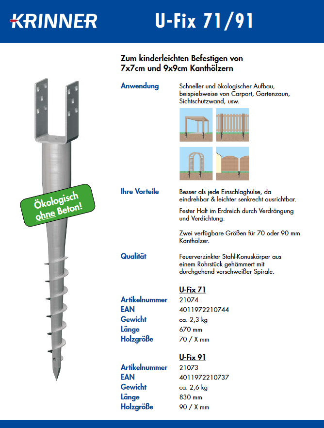 KRINNER U-Fix Eindrehanker für Pfosten 70 mm Länge 670 mm Schraubfundament