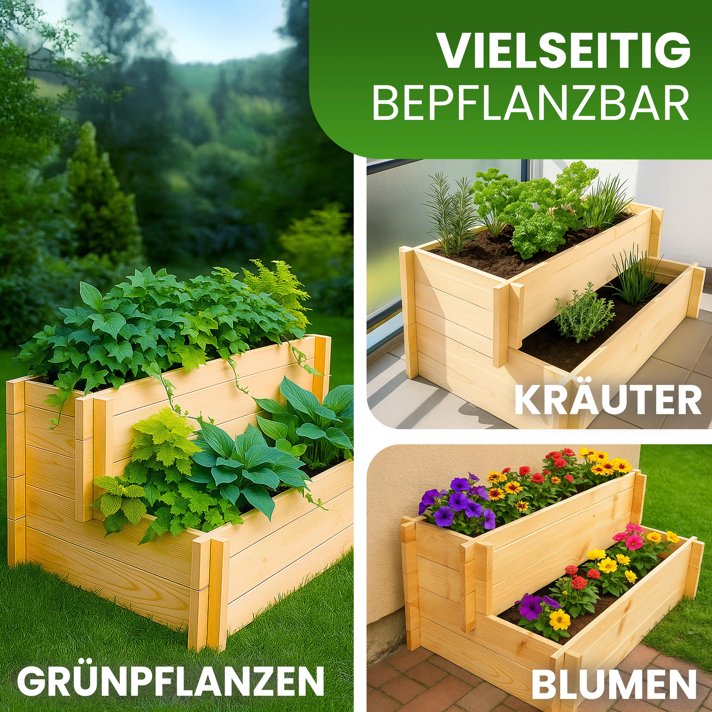 Stufenbeet 90x57xH34 cm aus Kiefer natur Pflanzkasten Beet für den Garten Pflanztreppe