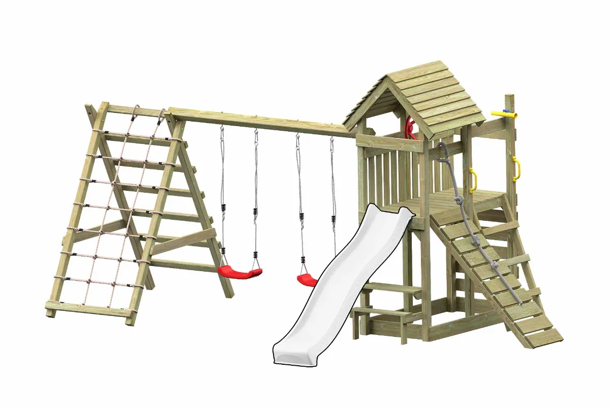 Spielturm Cris Max mit Doppelschaukel und großem Kletterbereich