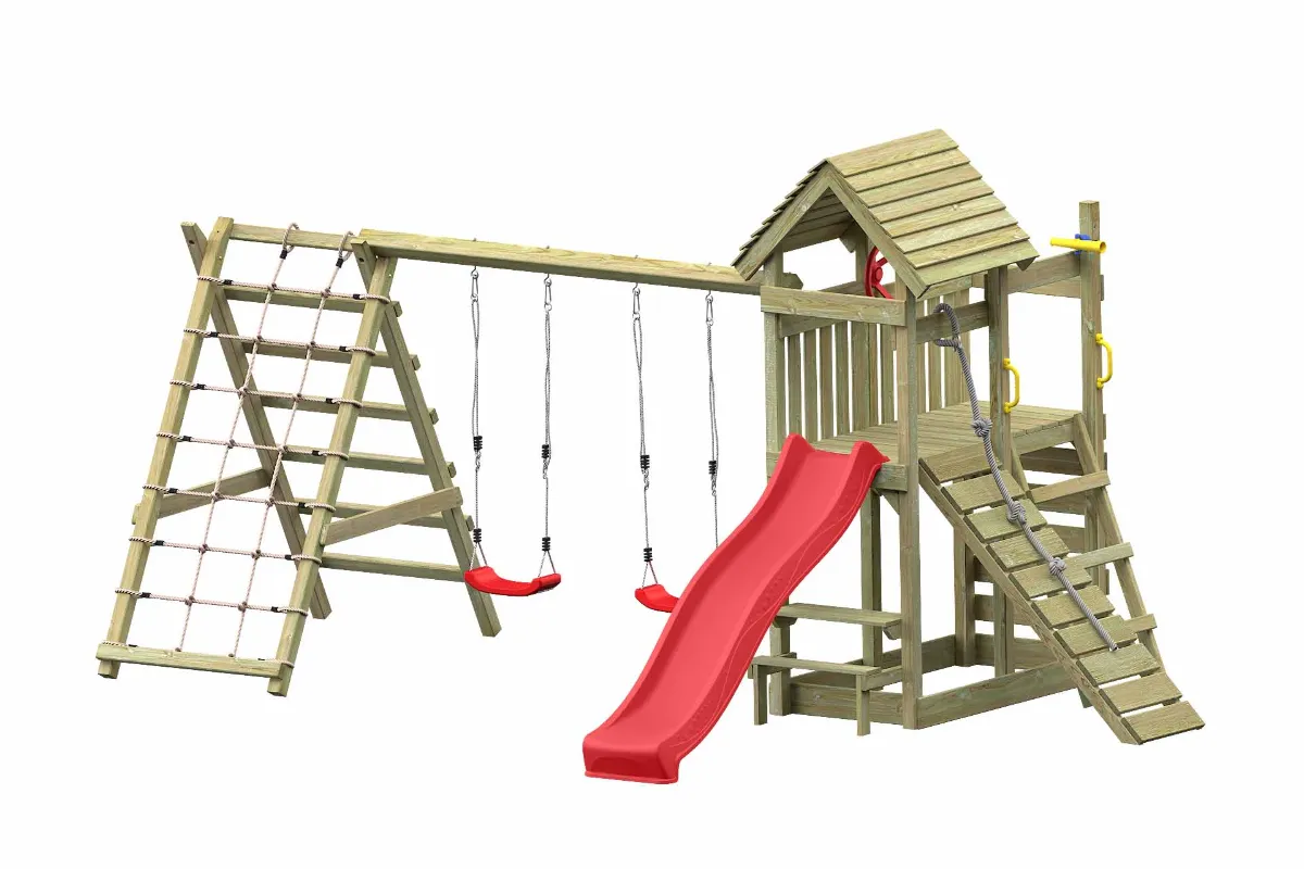 Spielturm Cris Max mit Doppelschaukel roter Rutsche und großem Kletterbereich