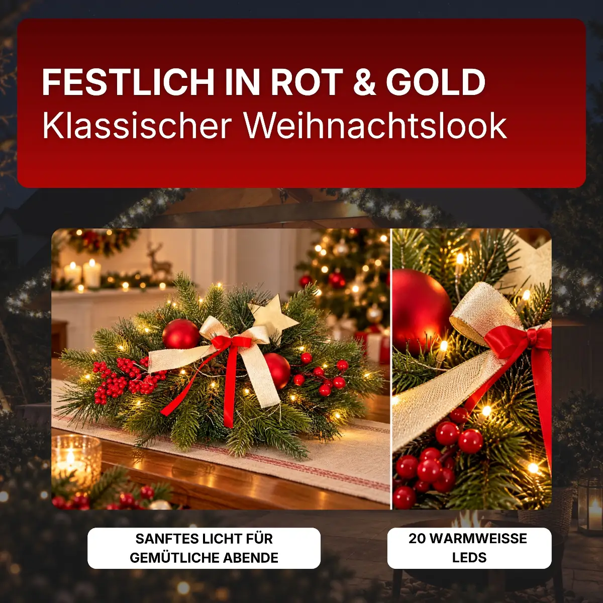 Adventsgesteck mit 20 warmweiße LEDs