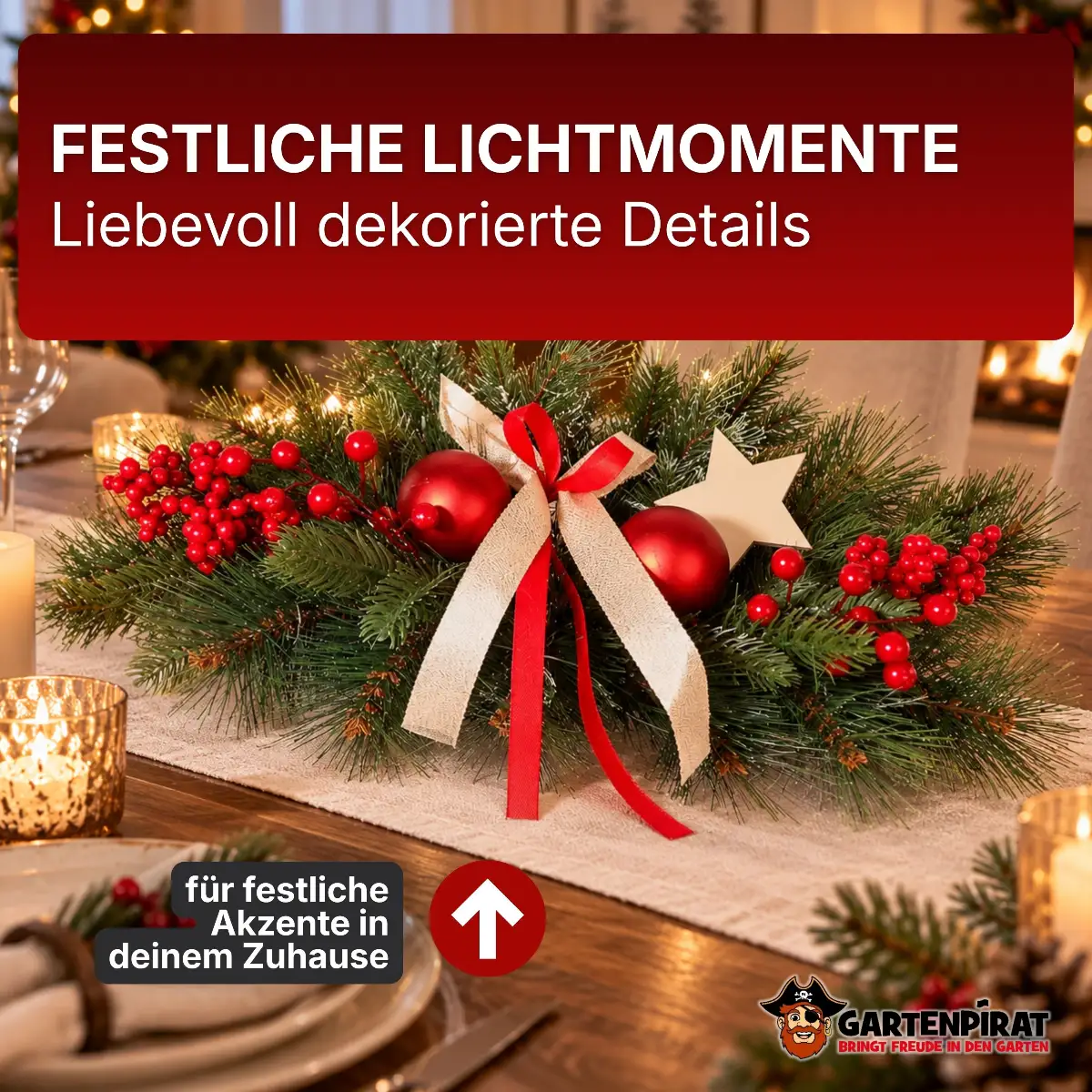 Adventsgesteck mit roten Dekorationen