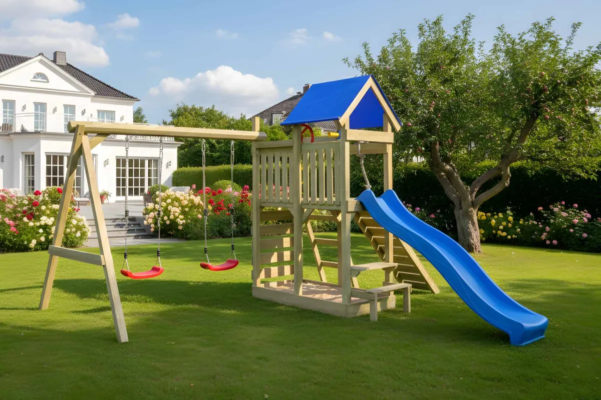 Spielturm Susi Abenteuer mit Kletterrampe Kletterwand und Doppelschaukel