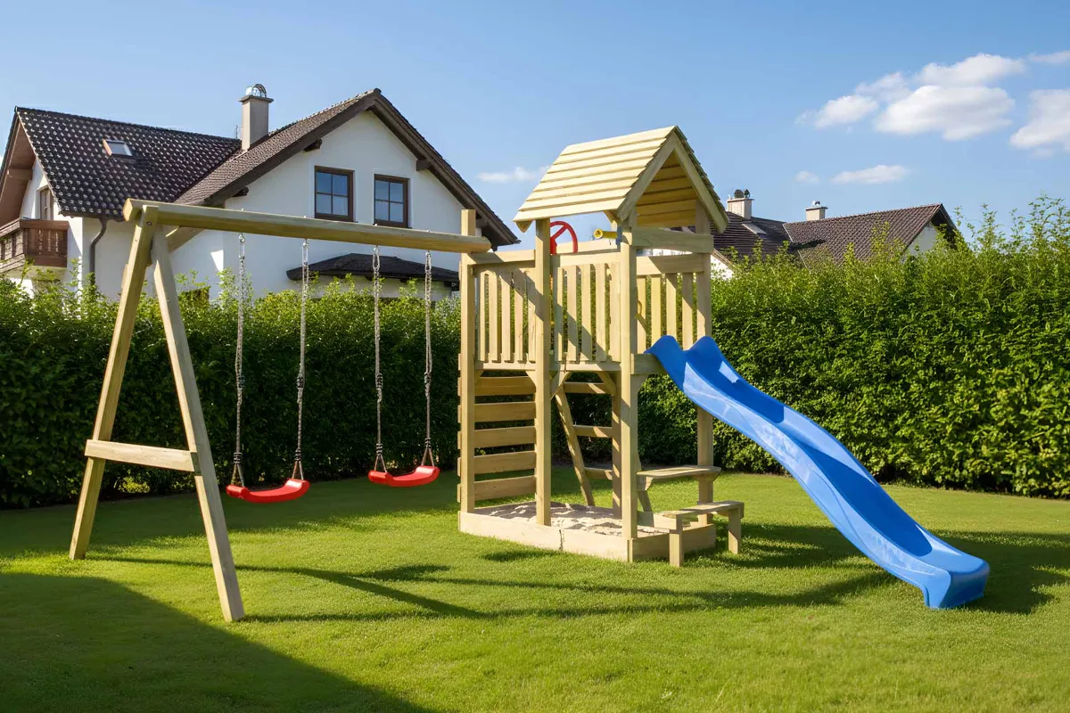 Spielturm Andrea Abenteuer mit Doppelschaukel und Kletterwand
