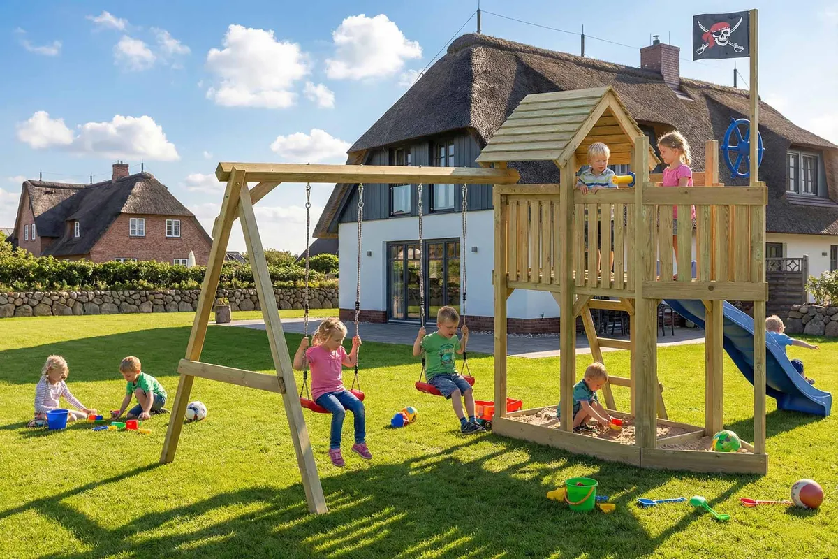 Spielturm Mia Fun mit Doppelschaukel und blauer Rutsche