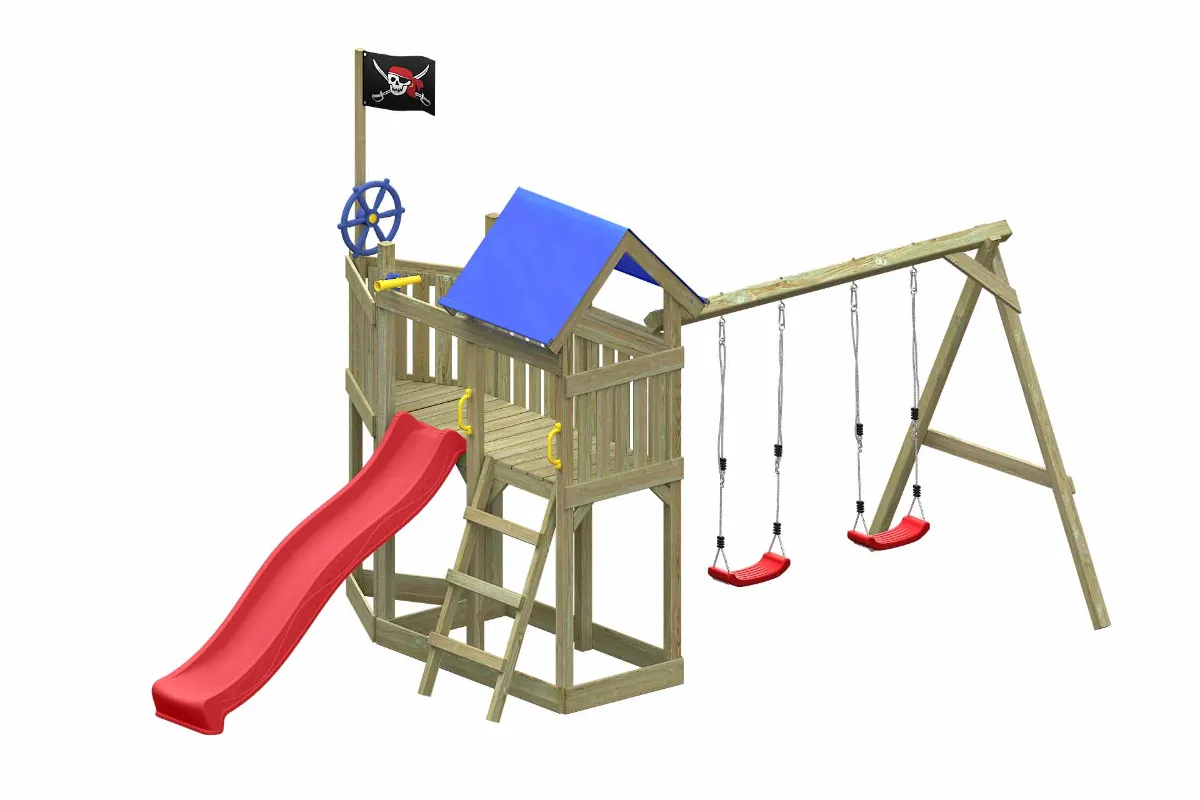 Spielturm Georg Fun mit Doppelschaukel und roter Rutsche