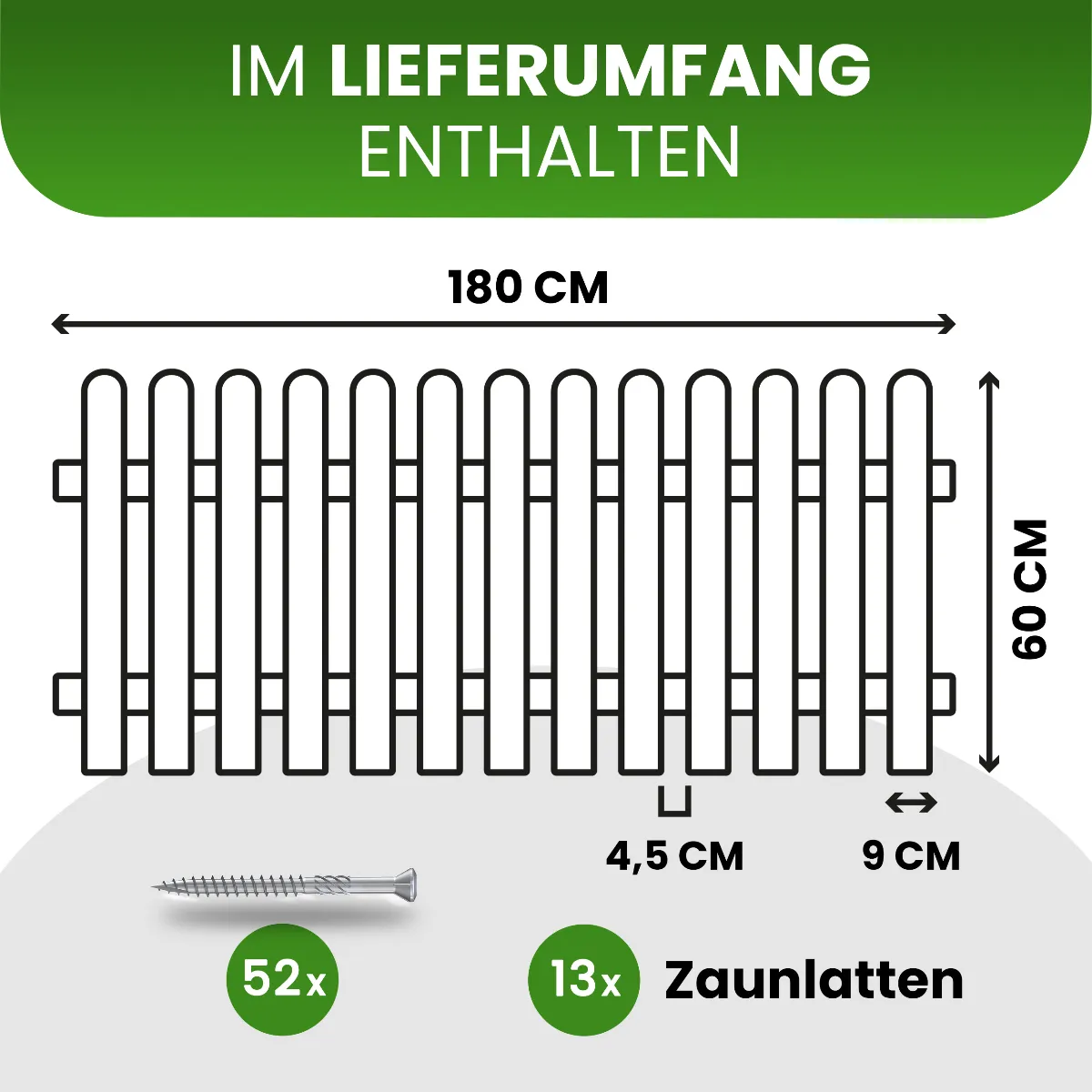 Holzpaket für Gartenzaun Lattenzaun inkl. Schrauben 180 cm lang Kiefer imprägniert Typ A 60 cm hoch