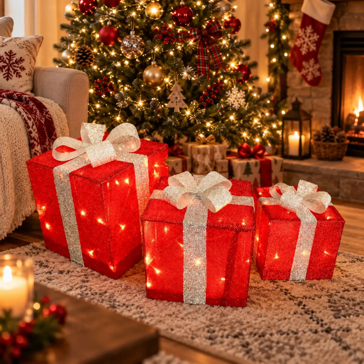 Geschenkboxen Deko-Set mit 3 Geschenkpäckchen 72 LED rot mit Schleife