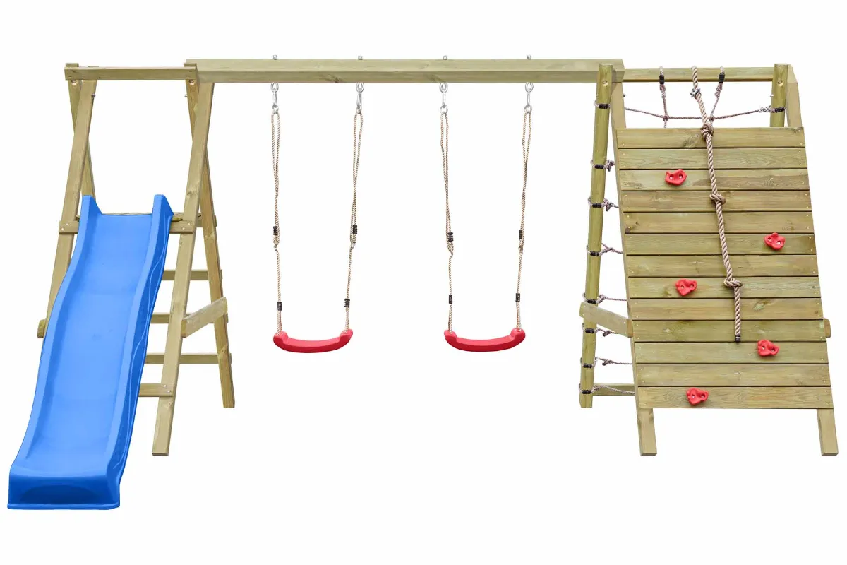 Doppelschaukel Sarah mit Kletternetz Kletterwand und blauer Rutsche