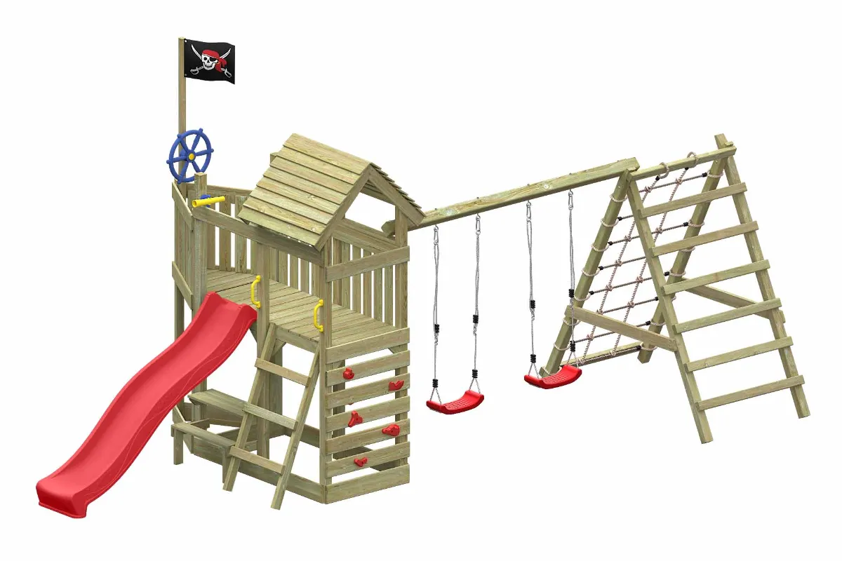 Spielturm Mia Max mit roter Rutsche Doppelschaukel und großem Kletterbereich