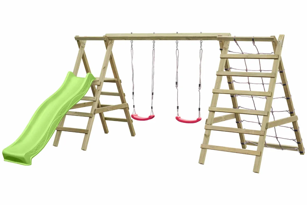 Doppelschaukel Jana mit Kletternetz Sprossenleiter und apfelgrüner Rutsche