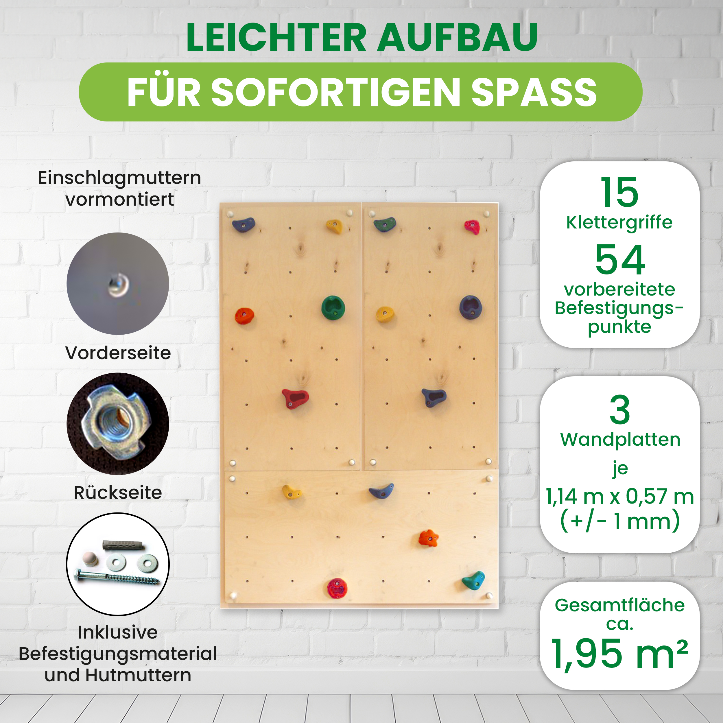 Kletterwand Indoor mit bunten Klettersteinen und Montagematerial für Kinder und Erwachsene