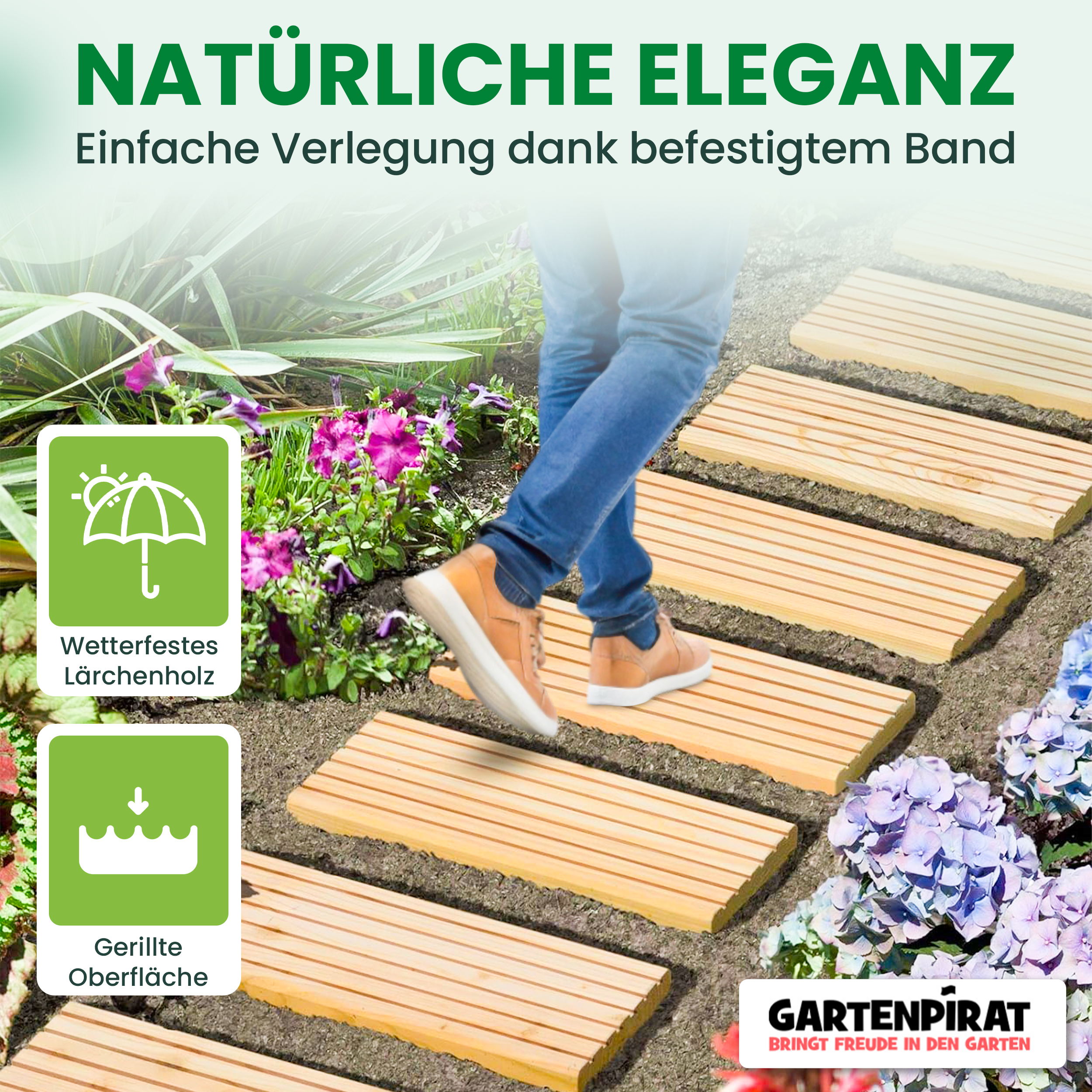 Rollweg aus Lärchenholz Gartentritte Trittplatten aus Holz Fliesen Weg im Garten