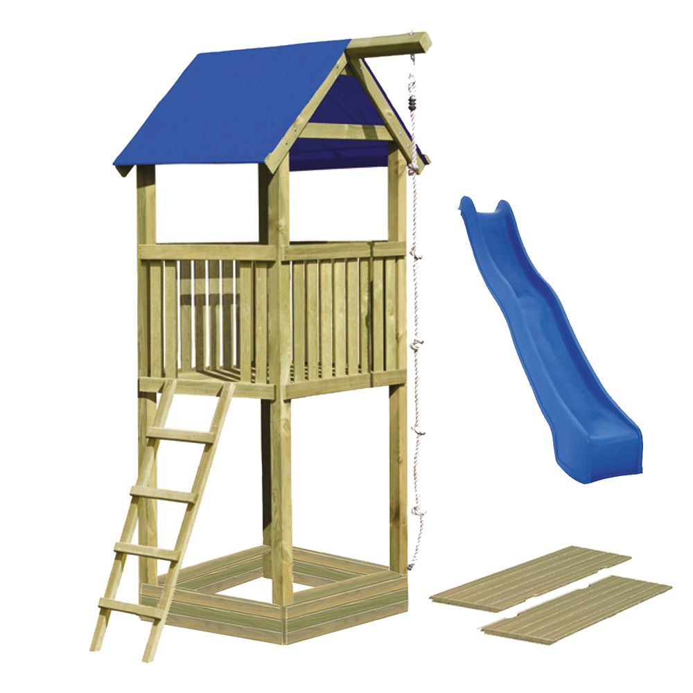  Spielturm Alto mit blauer Rutsche, Sandkasten und Deckel 118x118x350 cm 9x9cm