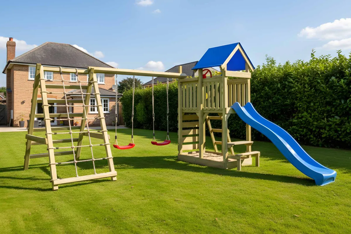 Spielturm Lucia Max mit Doppelschaukel Kletterwand und Kletternetz